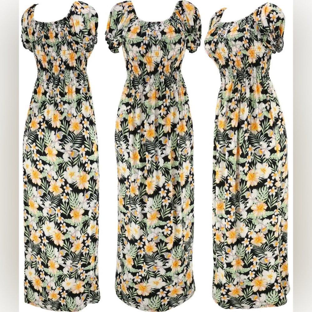 Women's Hawaiian Flower Smocked Summer Sundress Long Dress
